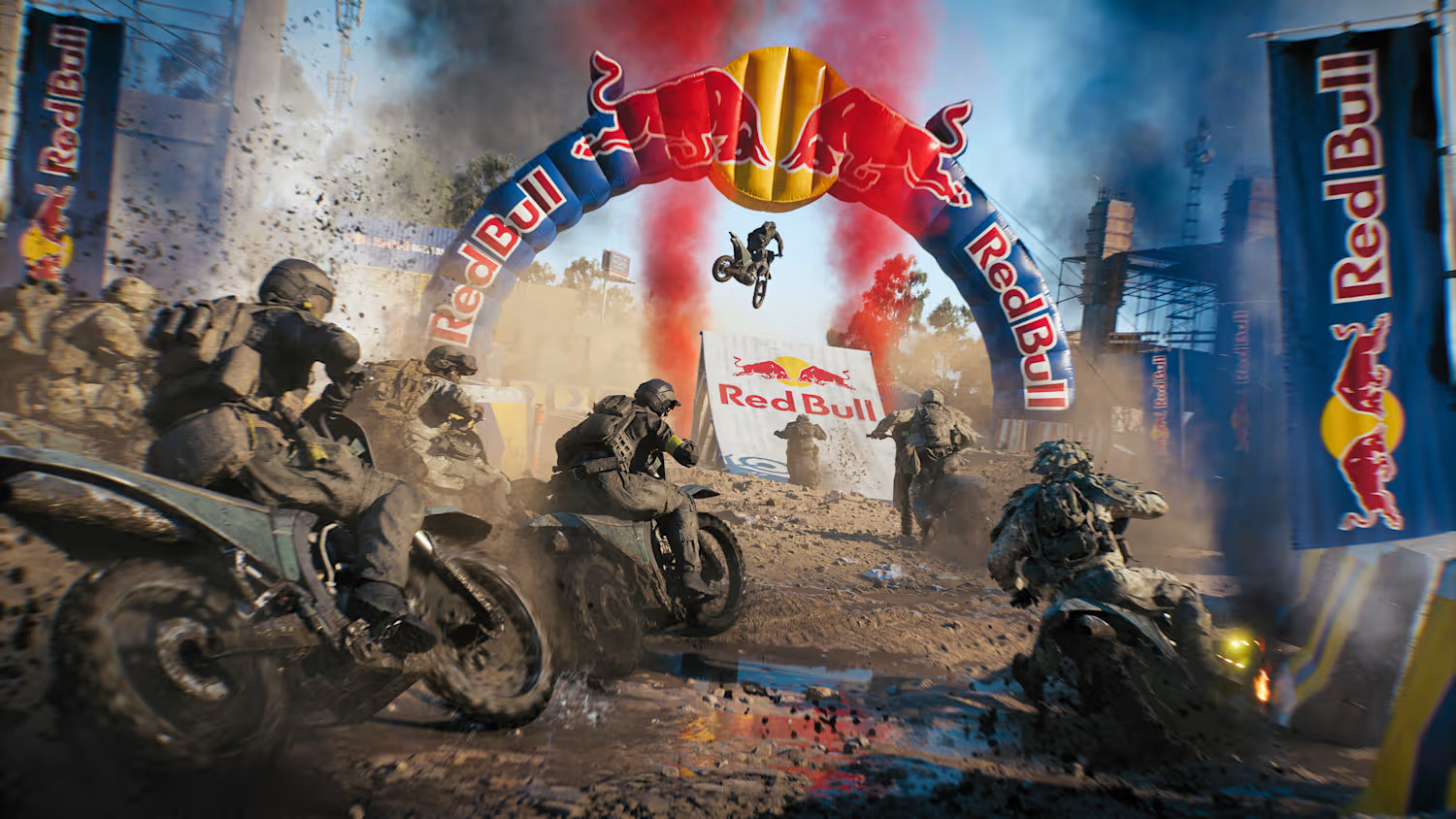 A promotional screenshot of Battlefield 6's Red Bull-sponsored Supermoto Gauntlet event from Season 2.