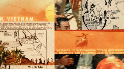 Photo collage of images from the Vietnam War, and contemporary American maps of Vietnam