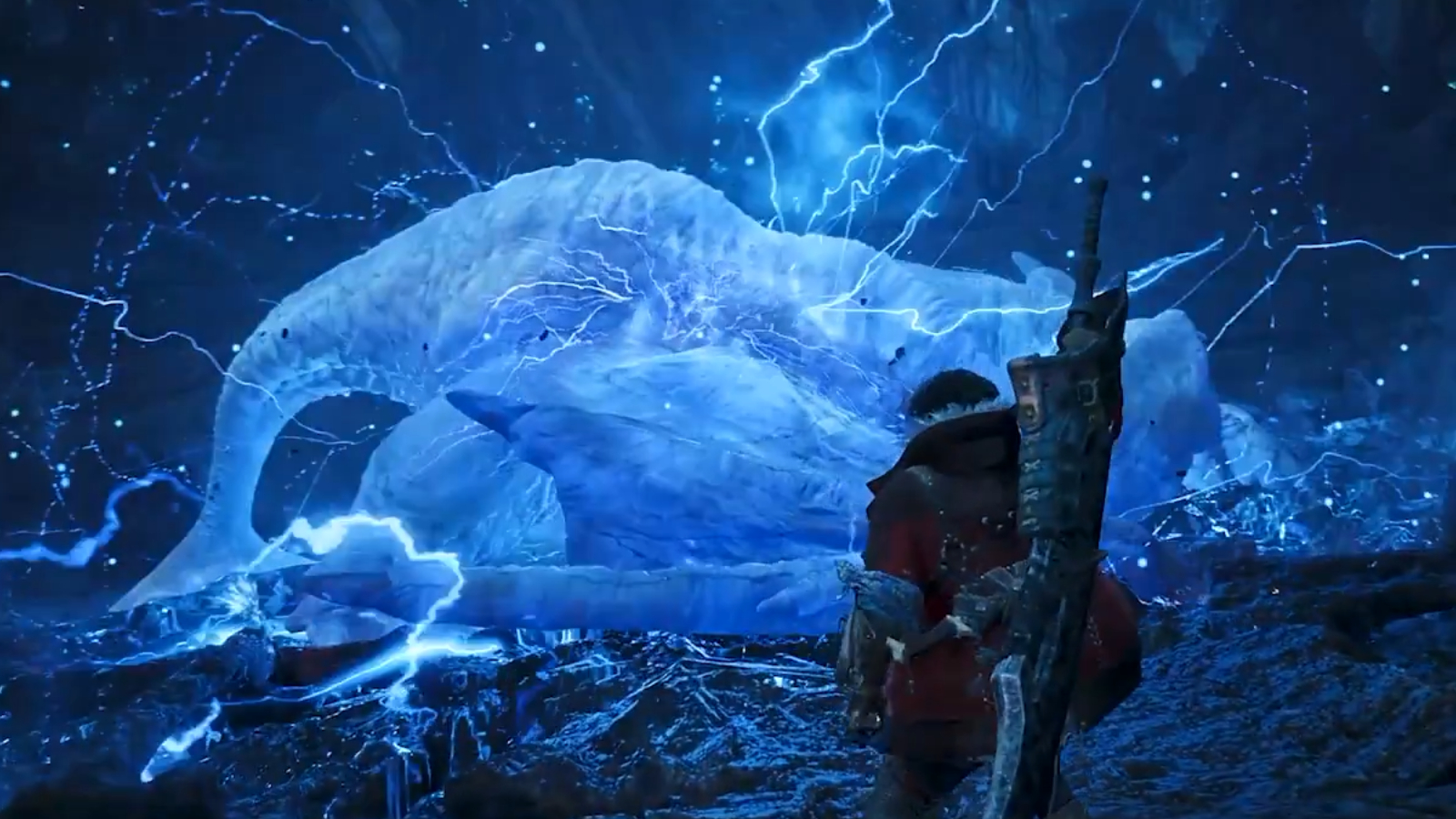 A hunter watching a khezu discharge electricity in Monster Hunter: Wilds.