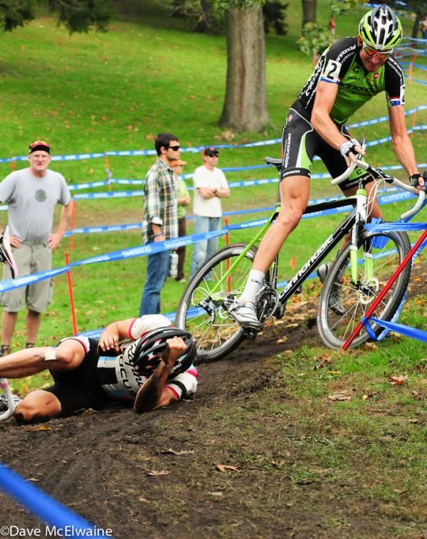 Chris Jones (Rapha Focus) is nearly run over by Ryan Trebon on lap one
