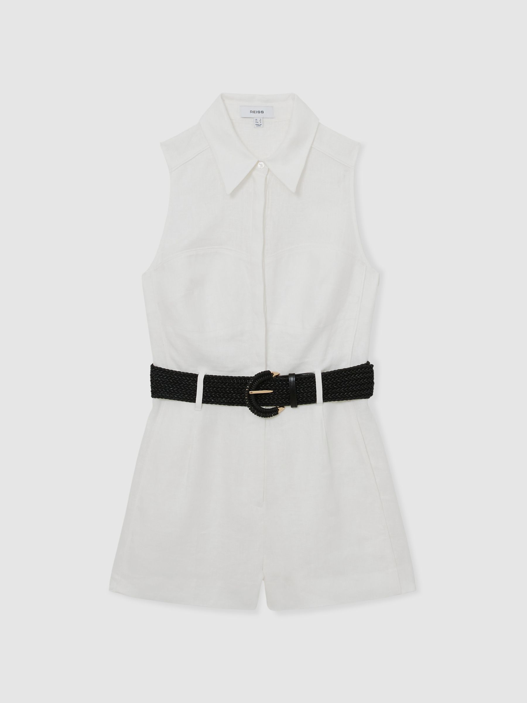 Linen Sleeveless Belted Playsuit in Ivory