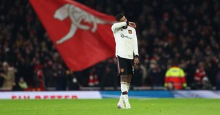 Arsenal target Marcus Rashford of Manchester United reacts after Eddie Nketiah of Arsenal (not pictured) scored their sides third goal during the Premier League match between Arsenal FC and Manchester United at Emirates Stadium on January 22, 2023 in London, England.