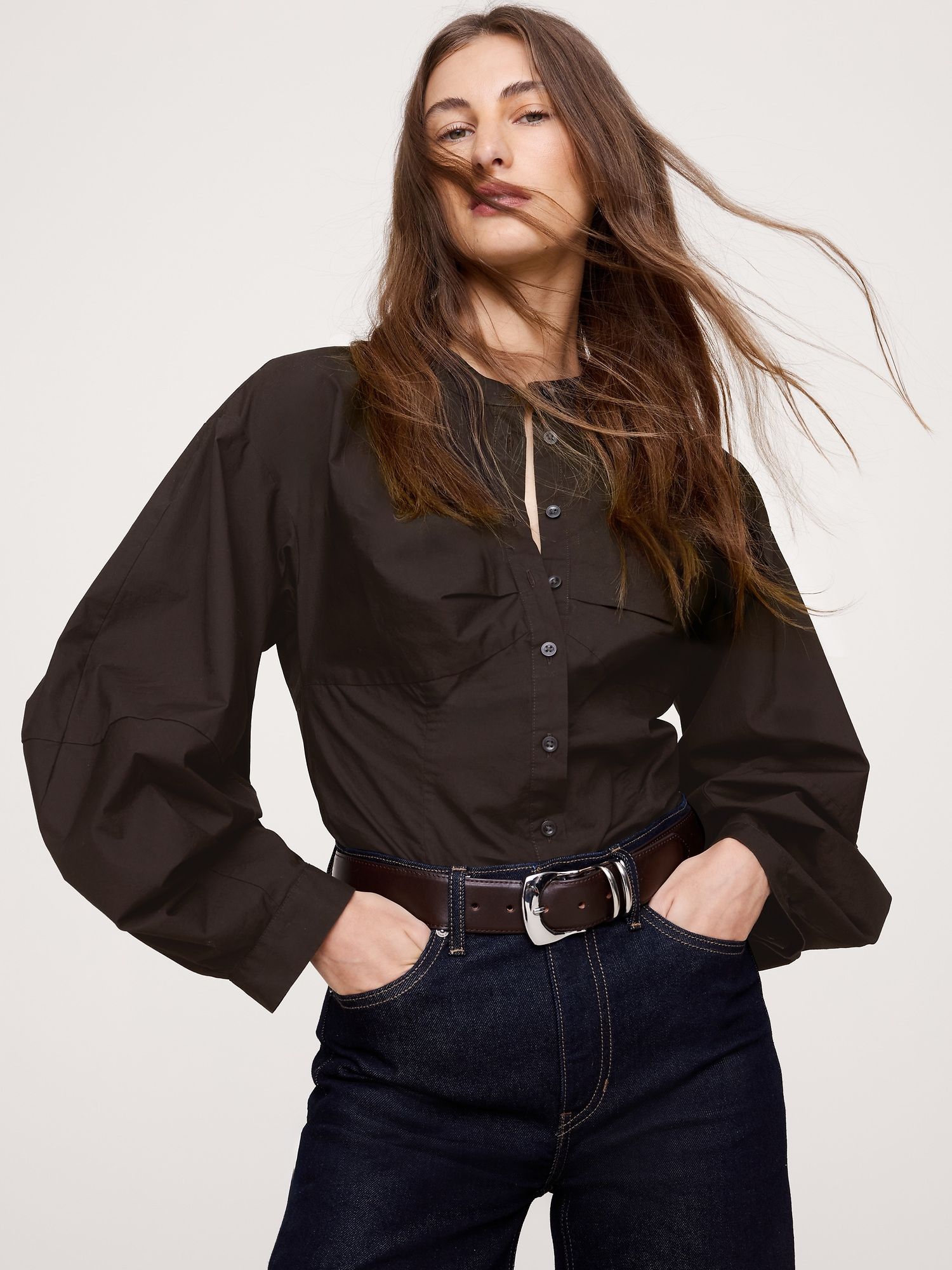 Cotton Poplin Balloon-Sleeve Shirt