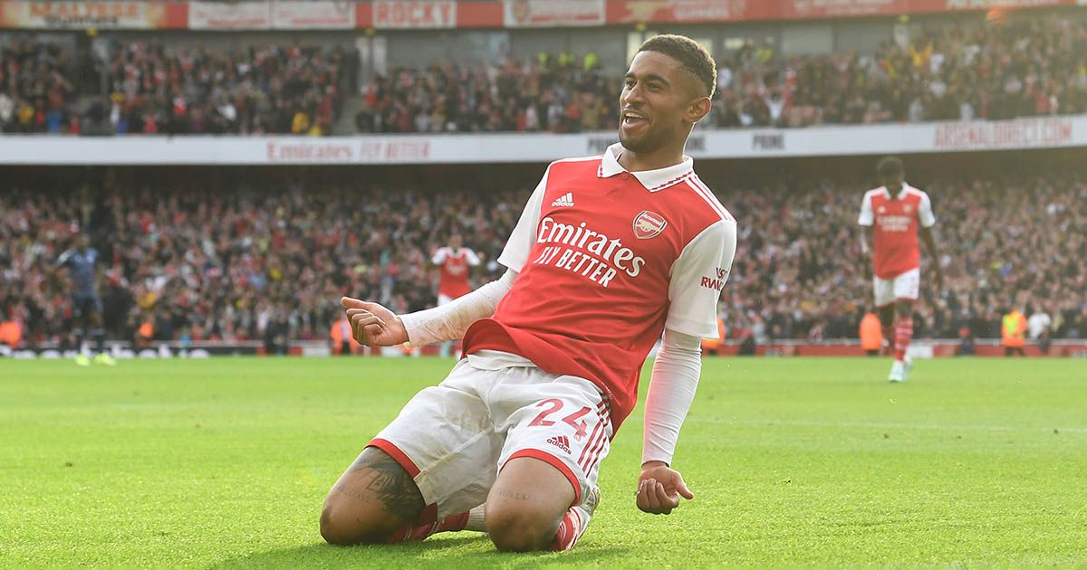 Arsenal star Reiss Nelson celebrates a goal during the Premier League match between Arsenal FC and Nottingham Forest at Emirates Stadium on October 30, 2022 in London, England.