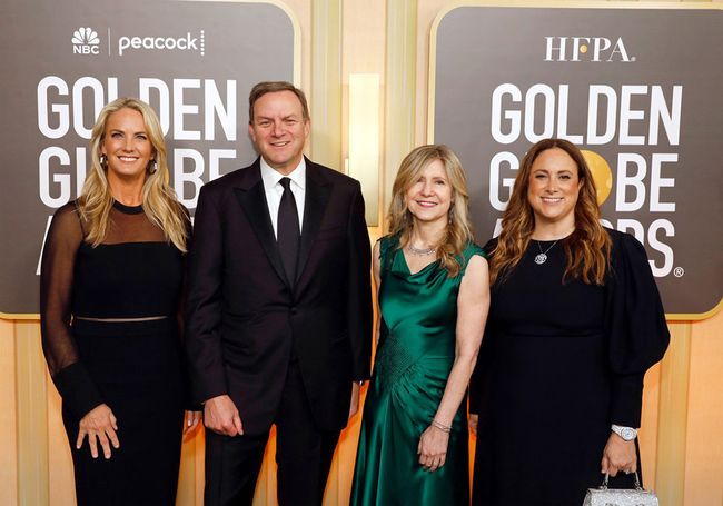 On the red carpet before the 80th Annual Golden Globe Awards at the Beverly Hilton (l to r.): Kelly Campbell, president, Peacock and Direct-to-Consumer, NBCUniversal; Mark Lazarus, chairman, NBCUniversal Television and Streaming; Frances Berwick, chairman, Entertainment Networks, NBCU Television and Streaming; and Susan Rovner, chairman, Entertainment Content, NBCU Television and Streaming.