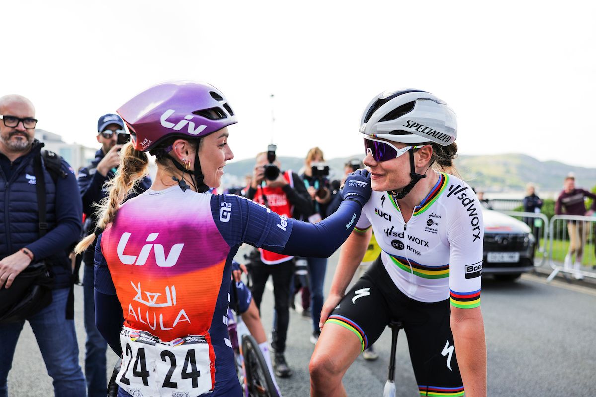 Picture by Alex Whitehead/SWpix.com - 06/06/2024 - Cycling - UCI Women's World Tour - Lloyds Bank Tour of Britain Women - Stage 1: Welshpool to Llandudno, Wales - Letizia Paternoster of Liv-AlUla-Jayco and Lotte Kopecky of Team SD Worx-Protime