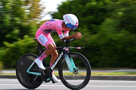 MASSA, ITALY - MAY 19: Afonso Eulalio of Portugal and Team Bahrain - Victorious - Pink Leader Jersey competes during the 109th Giro d'Italia 2026, Stage 10 a 42km individual time trial stage from Viareggio to Massa / #UCIWT / on May 19, 2026 in Massa, Italy. (Photo by Tim de Waele/Getty Images)