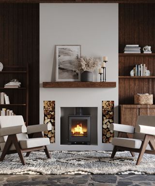 Wood burning stove in living room