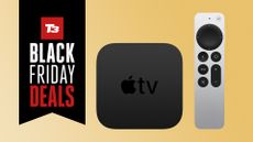 Black Friday Apple TV deals image, shows the product on a yellow background