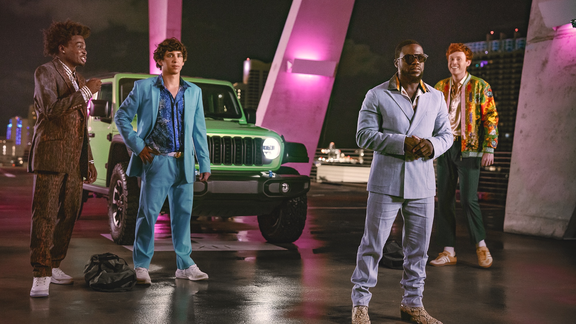72 HOURS. (L to R) Kam Patterson as Freshman, Marcello Hernandez as Nick, Kevin Hart as Joe and Ben Marshall as Hunter in 72 Hours. Cr. Alan Markfield/Netflix &amp;copy; 2026.