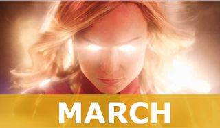 Captain Marvel with glowing eyes, ready to fight