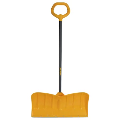 Snow shovel with wide yellow head and ergonomic handle
