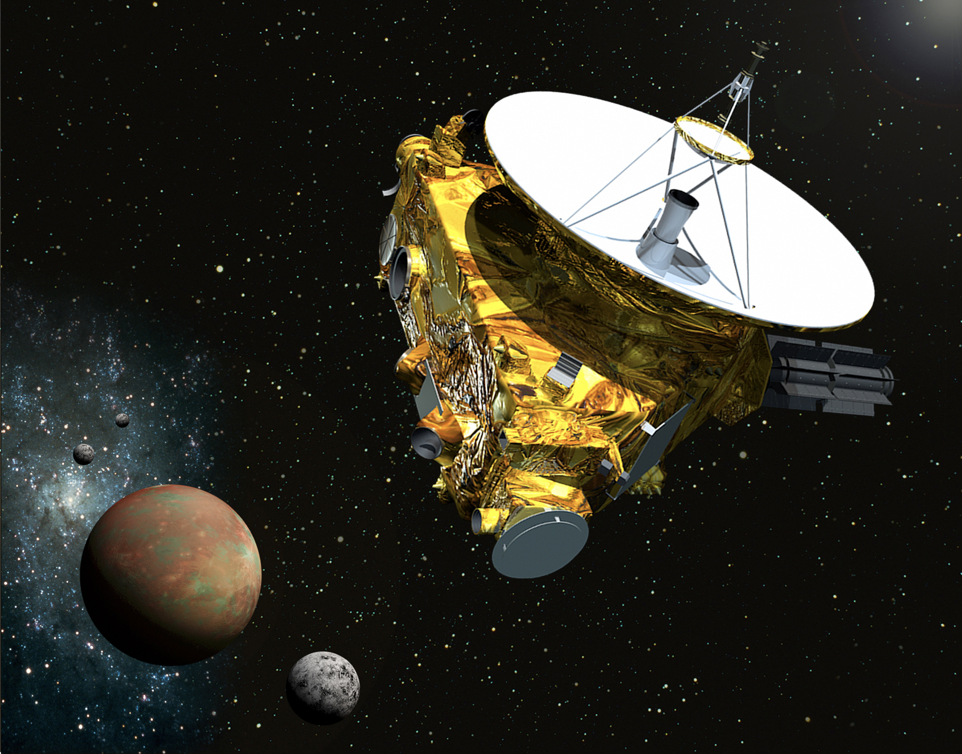 Artist&#039;s concept of the New Horizons spacecraft as it approaches Pluto and three of its five moons in summer 2015