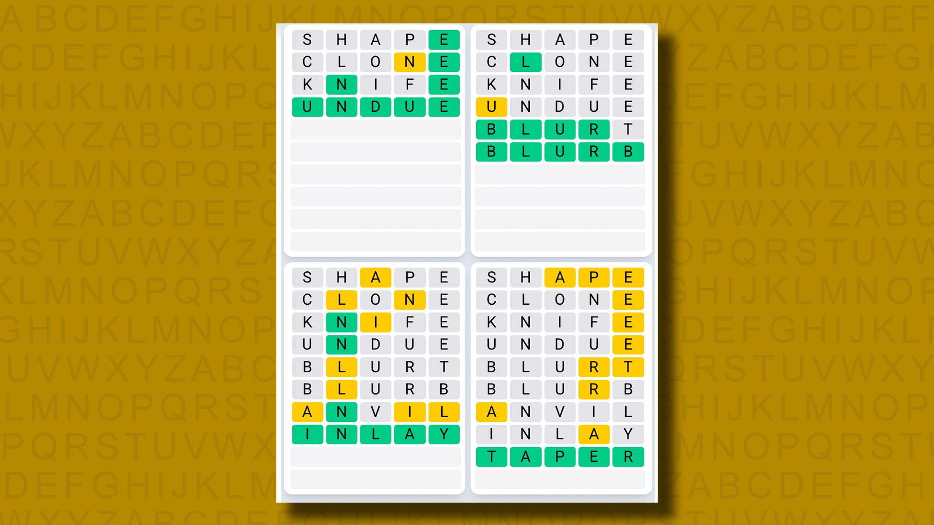 Quordle Daily Sequence answers for game 1282 on a yellow background