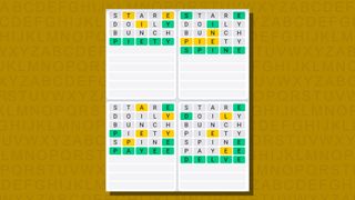 Quordle daily sequence answers for game 748 on a yellow background