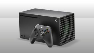 Xbox Series X laying flat on a grey background