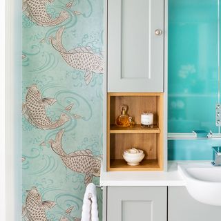 fish designed wallpaper grey cupboard with wooden cabinet wash basin