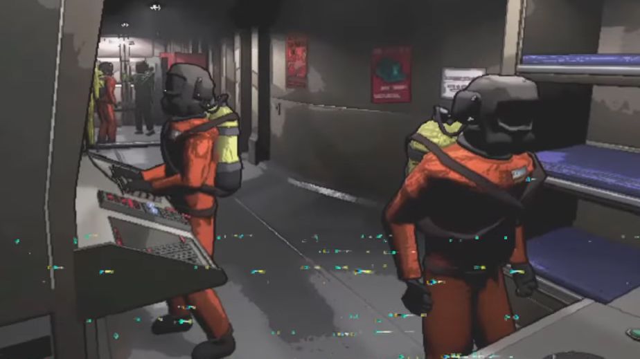 Space men standing in a science facility