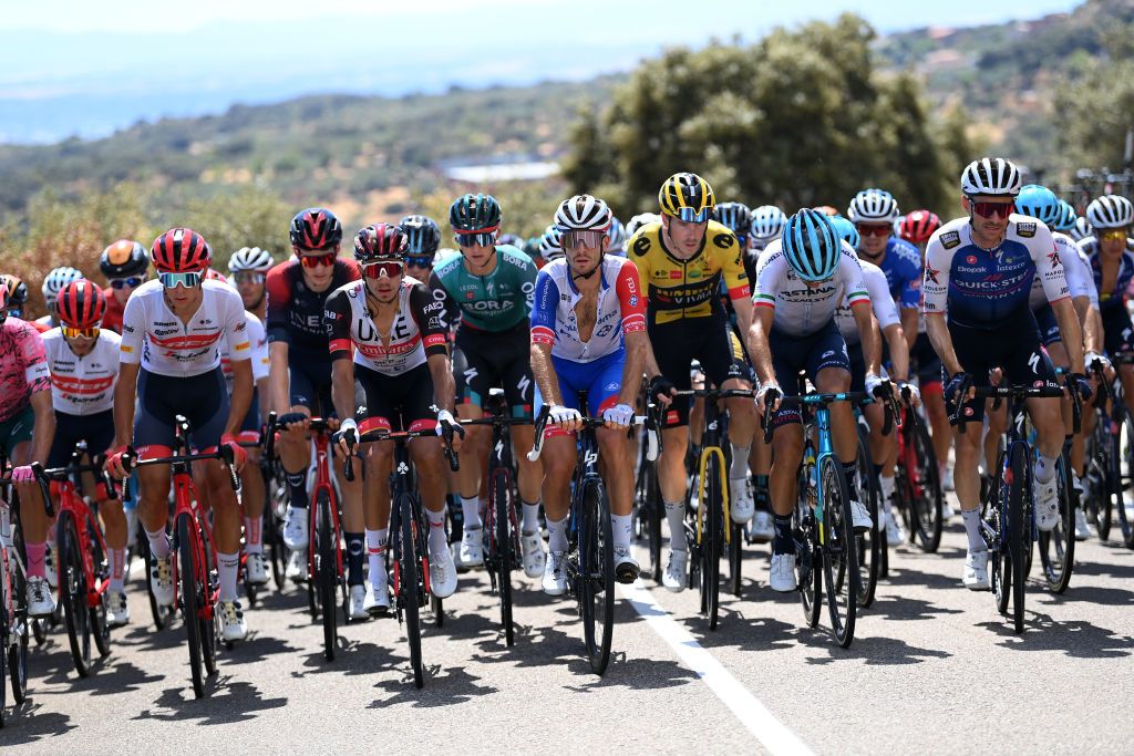 TALAVERA DE LA REINA SPAIN SEPTEMBER 09 LR Antonio Tiberi of Italy and Team Trek Segafredo Ivo Oliveira of Portugal and UAE Team Emirates Sbastien Reichenbach of Switzerland and Team Groupama FDJ Rohan Dennis of Australia and Team Jumbo Visma Vincenzo Nibali of Italy and Team Astana Qazaqstan compete during the 77th Tour of Spain 2022 Stage 19 a 1383km stage from Talavera de la Reina to Talavera de la Reina LaVuelta22 WorldTour on September 09 2022 in Talavera de la Reina Spain Photo by Justin SetterfieldGetty Images
