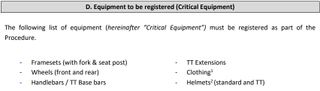 A list of equipment to be registered by teams