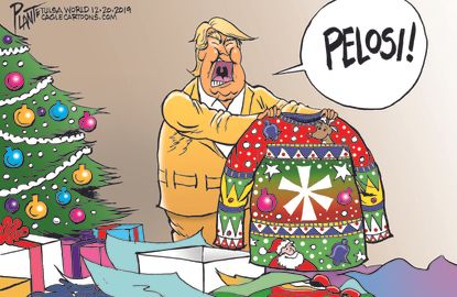 Political Cartoon U.S. Trump Christmas Present from Pelosi
