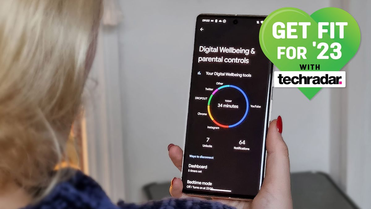 Over the shoulder shot of a woman holding a Google Pixel 7 Pro, looking at Android&#039;s Digital Wellbeing dashboard