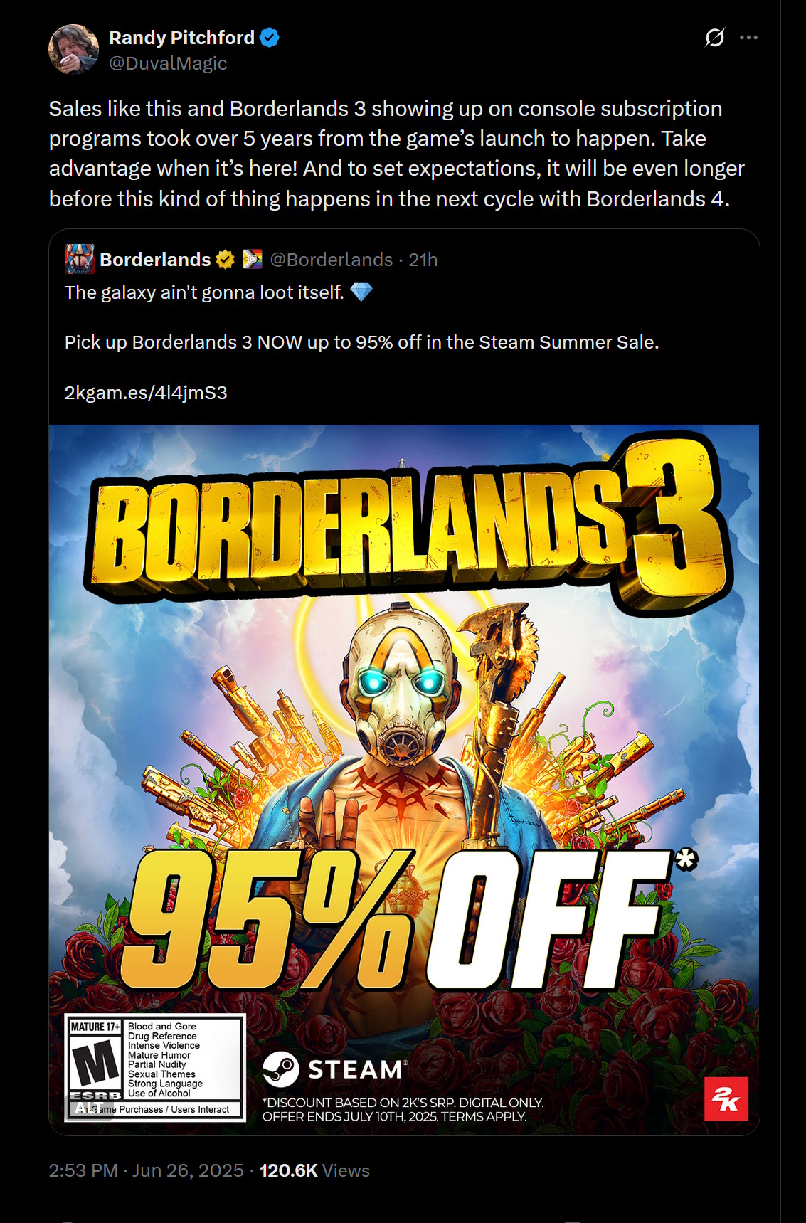 Sales like this and Borderlands 3 showing up on console subscription programs took over 5 years from the game’s launch to happen. Take advantage when it’s here! And to set expectations, it will be even longer before this kind of thing happens in the next cycle with Borderlands 4.