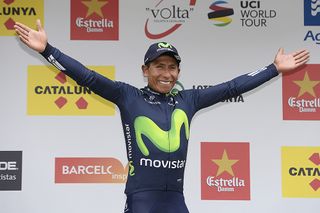 Nairo Quintana (Movistar) steps on the podium as the winner of Volta a Catalunya