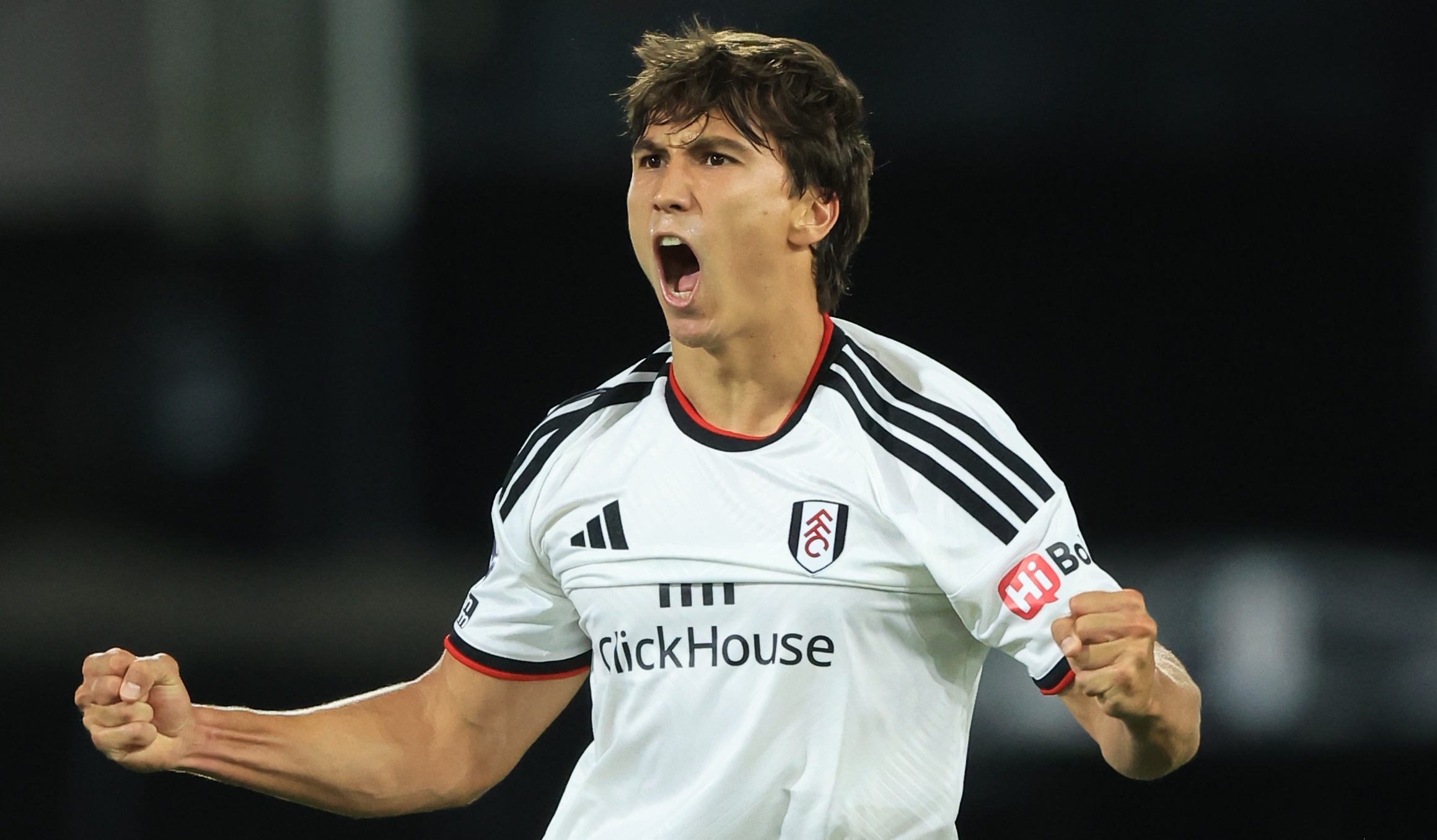 Gonzalo Garcia of Fulham celebrates Fulham's 2nd goal during the Premier League 2026/27 match between Fulham and Chelsea FC at Craven Cottage on August 24, 2026 in London, England
