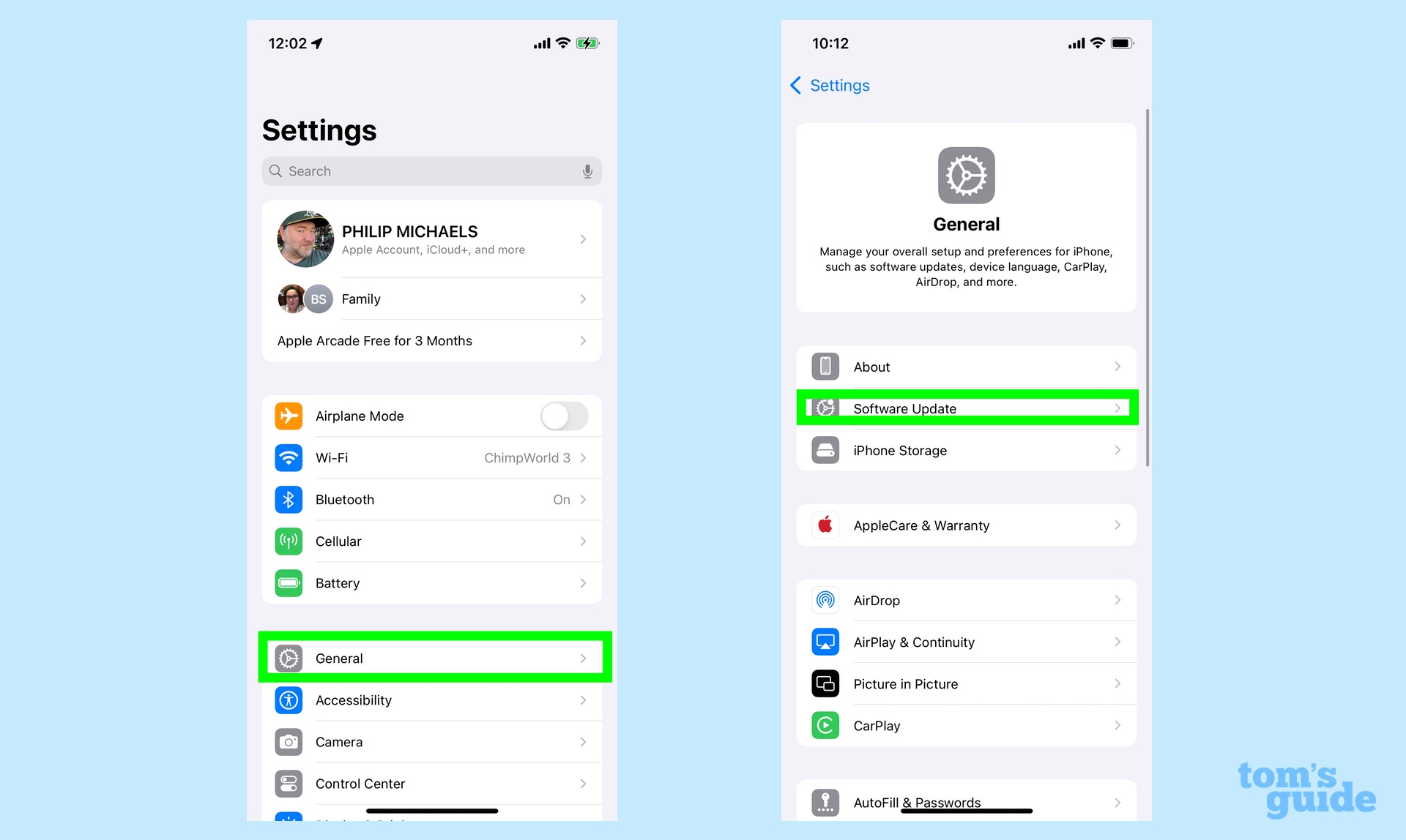 check for software updates in general section of settings app