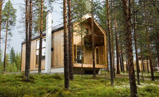 Wood cladded cabin in a forest