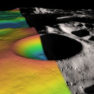 Lunar ice maker, just right for mining. Elevation (left) and shaded relief (right) image of Shackleton, a 21-km-diameter (12.5-mile-diameter) permanently shadowed crater adjacent to the lunar south pole. NASA’s Lunar Reconnaissance Orbiter spacecraft has returned data that indicate ice may make up as much as 22 percent of the surface material in the crater.