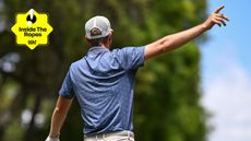 A view of a golfer from behind holding their arm out to indicate a stray drive and an yellow Golf Monthly Inside The Ropes logo in the top-left of the screen