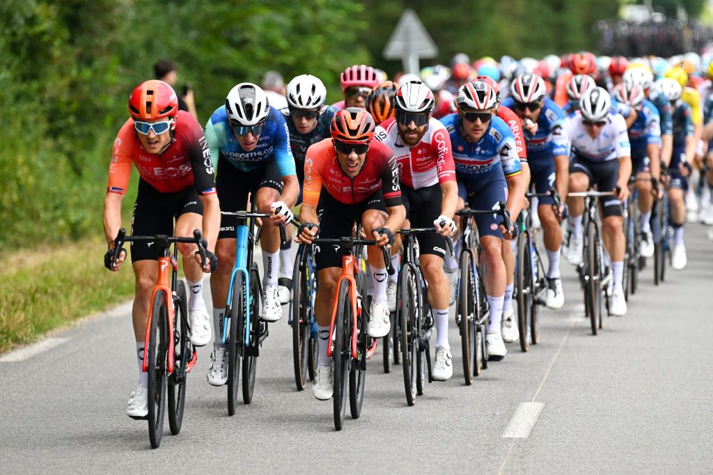PAU FRANCE JULY 12 LR Geraint Thomas of The United Kingdom and Team INEOS Grenadiers Bruno Armirail of France and Decathlon AG2R La Mondiale Team Nicolas Jonathan Castroviejo of Spain and Team INEOS Grenadiers and Simon Geschke of Germany and Team Cofidis lead the peloton during the 111th Tour de France 2024 Stage 13 a 1653km stage from Agen to Pau UCIWT on July 12 2024 in Pau France Photo by Tim de WaeleGetty Images