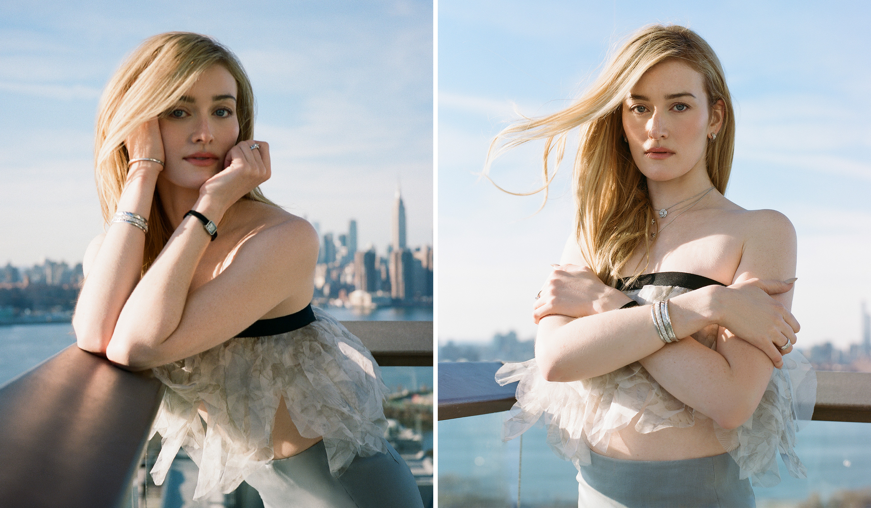 two side by side photos of Sarah Pidgeon standing in front of the New York City skyline