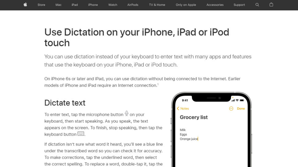 Tangkapan layar situs web untuk dikte Apple