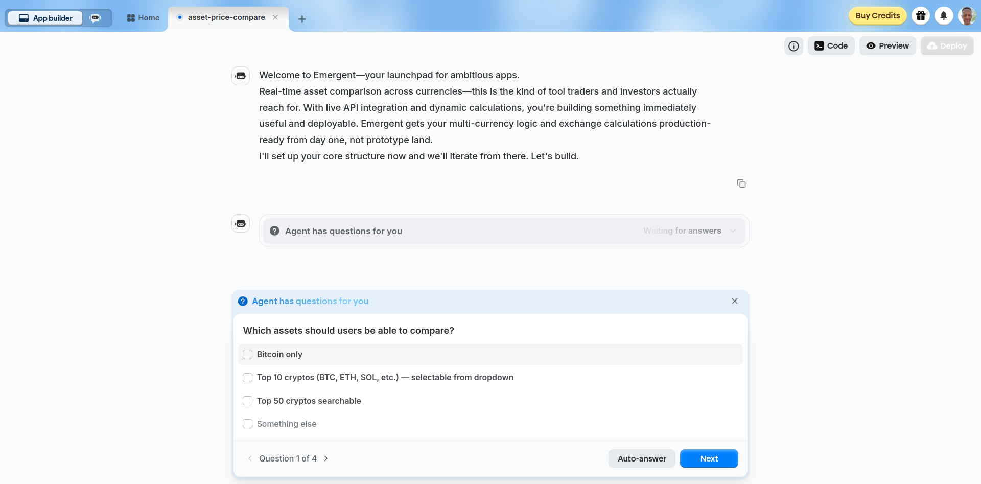 Después de recibir una indicación, Emergent hace preguntas antes de continuar.