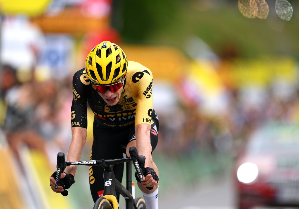 LARUNS FRANCE JULY 05 Jonas Vingegaard of Denmark and Team JumboVisma crosses the finish line during the stage five of the 110th Tour de France 2023 a 1627km stage from Pau to Laruns UCIWT on July 05 2023 in Laruns France Photo by David RamosGetty Images