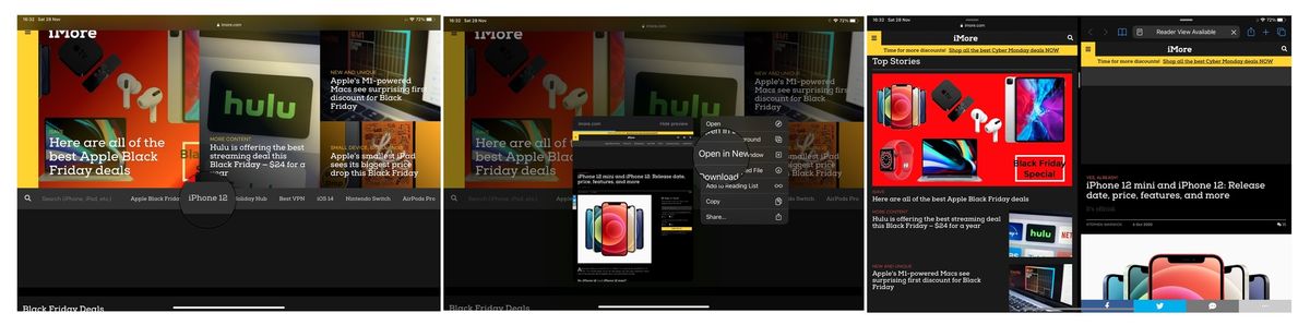 How to open a link in split screen by showing steps: Launch Safari on iPad, Touch and hold the link you want to open and tap on Open in New Window