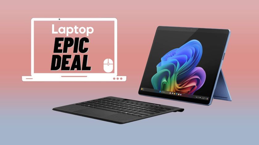 Surface Pro 11 with keyboard against pink and blue gradient background with epic deals sticker.