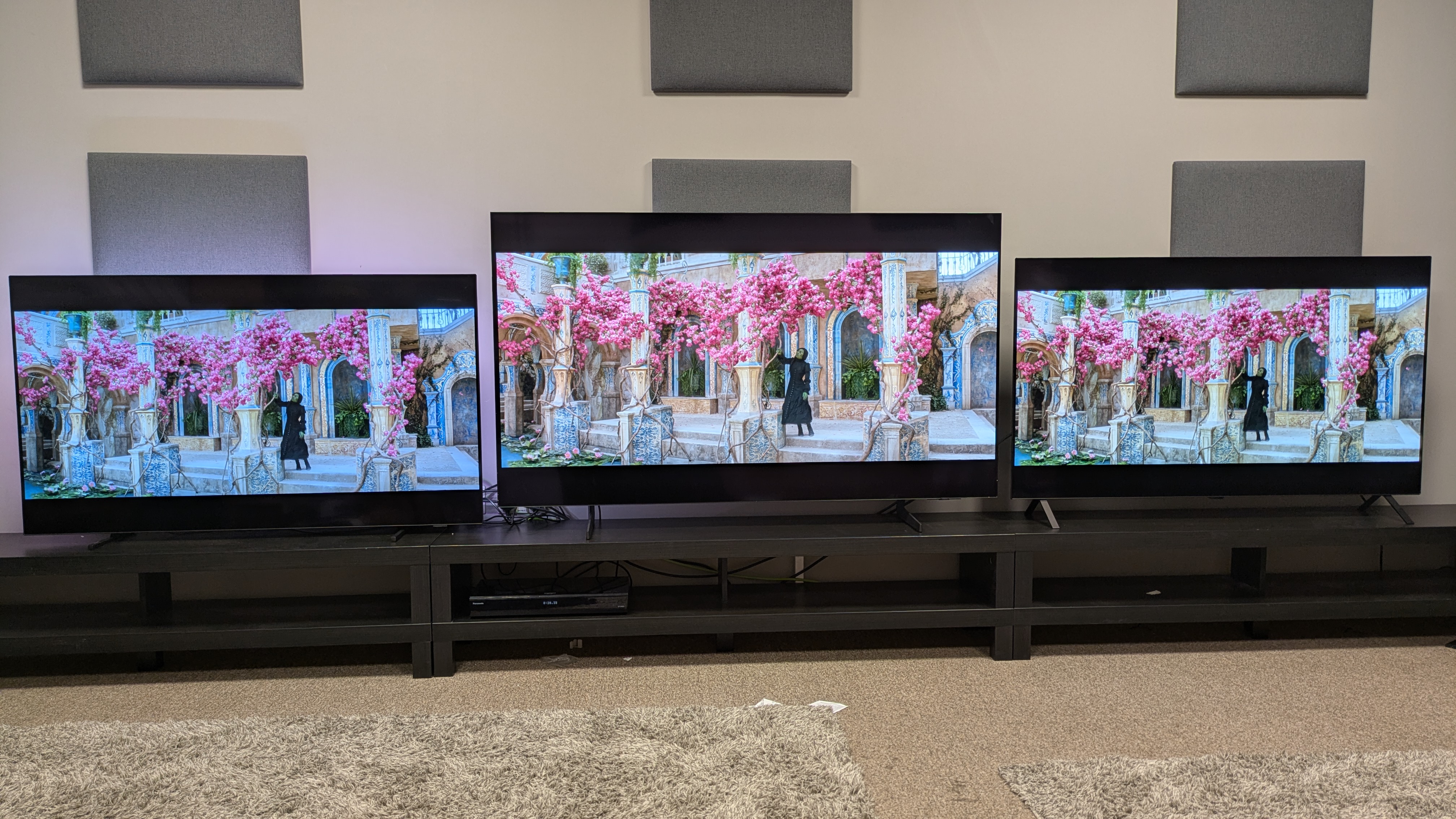 Philips OLED760 vs Samsung S85F vs LG B5 showing Elphaba under a pink tree from Wicked on screen 