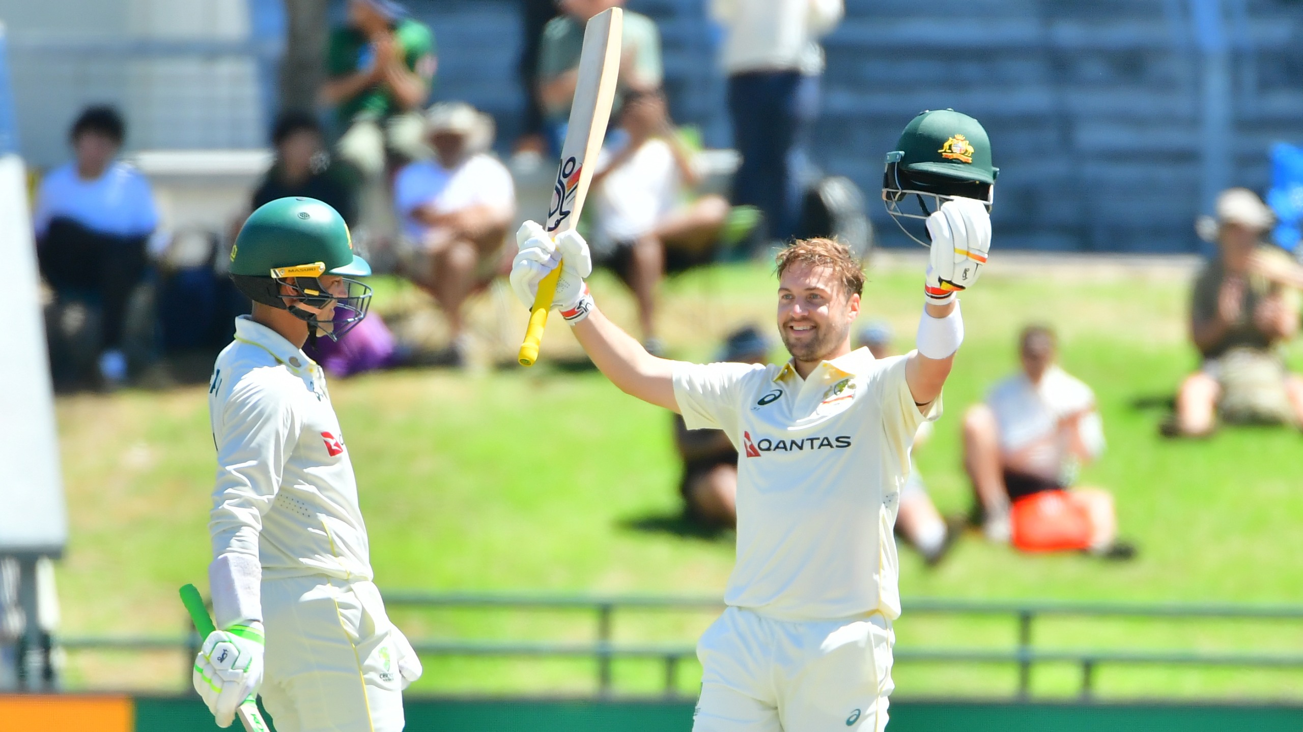 Josh Inglis of Australia celebrates scoring a century (100 runs) during day 3 of the 3rd Dafabet Test match between South Africa and Australia