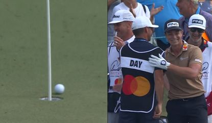 Hovland celebrates his hole in one with golfers and caddies
