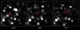 These images taken over the last decade using the NACO instrument on ESO's Very Large Telescope show the motion of a cloud of gas that is falling towards the supermassive black hole Sagittarius* at the center of the Milky Way. This is the first time ever that the approach of such a doomed cloud to a supermassive black hole has been observed and it is expected to break up completely during 2013.