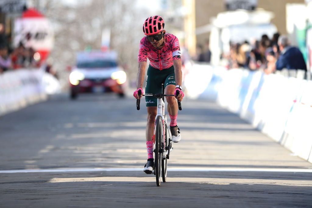 SAN MARINO ITALY MARCH 24 Simon Carr of United Kingdom and Team EF Education Easypost crosses the finish line during the 36th Settimana Internazionale Coppi e Bartali 2022 Stage 3 a 1471km stage from San Marino to San Marino 648m CoppieBartali on March 24 2022 in San Marino Italy Photo by Dario BelingheriGetty Images