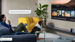 Man and dog sat in front of a Samsung TV 