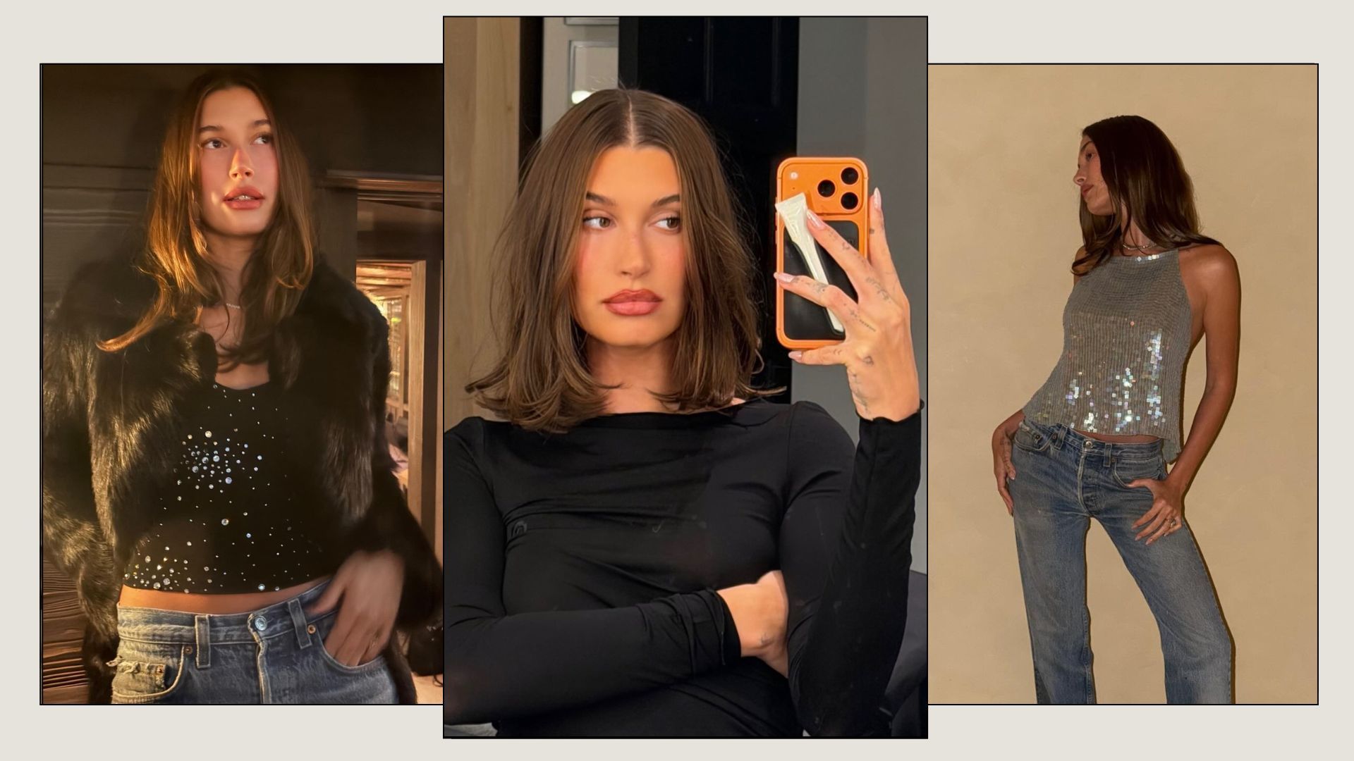 Hailey Bieber wearing a relaxed lob haircut with soft, effortless texture