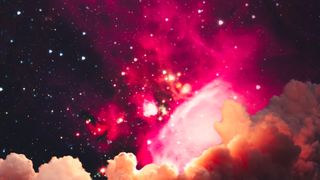 Night sky with clouds, stars, galaxies. Shades of pink, yellow, and magenta.