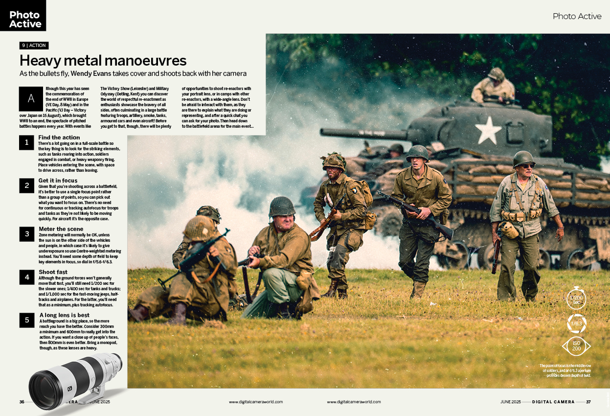 Image showing project 9 of the Photo Active projects section in issue 295 (June 2025) of Digital Camera magazine, explaining how to take photographs at military reenactments