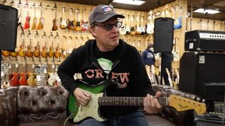 Joe Bonamassa playing a 1964 Fender Strat at Norm's Rare Guitars store. refinished in Greenburst